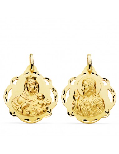 18K ESCAPULARIO ORO AMARILLO VIRGEN DEL CARMEN Y CORAZON DE JESUS PANDERETA CALADA 24 MM