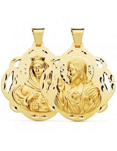 18K ESCAPULARIO ORO AMARILLO VIRGEN DEL CARMEN CORAZON DE JESUS PANDERETA CALADA 42 MM