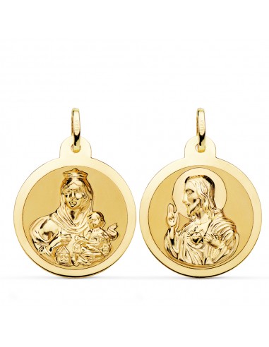 18K ESCAPULARIO ORO AMARILLO ORO AMARILLO BRILLO VIRGEN DEL CARMEN CORAZON JESUS 24 MM