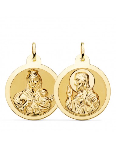 18K ESCAPULARIO ORO AMARILLO ORO AMARILLO BRILLO VIRGEN DEL CARMEN Y CORAZON DE JESUS 26 MM