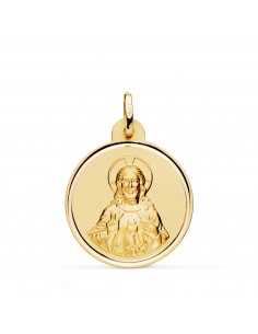18K MEDALLA ORO AMARILLO CRISTO SAGRADO CORAZON DE JESUS BISEL 24 MM