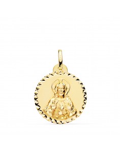 18K MEDALLA ORO AMARILLO CRISTO SAGRADO CORAZON JESUS BRILLO TALLA CRUZADA 20 MM