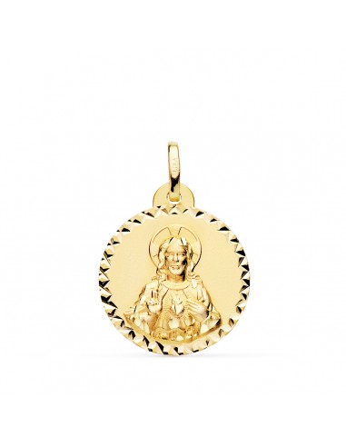 18K MEDALLA ORO AMARILLO CRISTO SAGRADO CORAZON JESUS BRILLO TALLA CRUZADA 20 MM