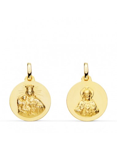 18K ESCAPULARIO ORO AMARILLO VIRGEN DEL CARMEN Y CORAZON DE JESUS LISO 16 MM