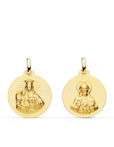 18K ESCAPULARIO ORO AMARILLO VIRGEN DEL CARMEN Y CORAZON DE JESUS LISO 18 MM