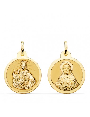18K ESCAPULARIO ORO AMARILLO VIRGEN DEL CARMEN Y CORAZON DE JESUS EN BRILLO 20 MM