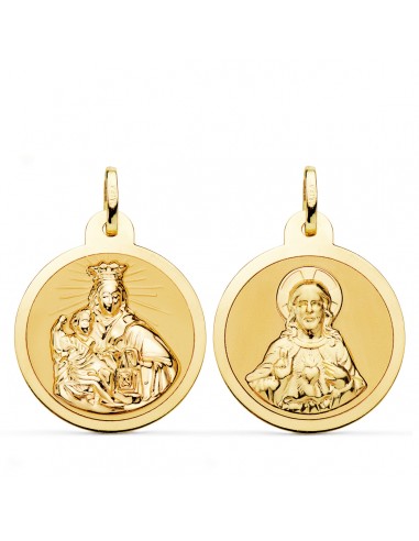 18K ESCAPULARIO ORO AMARILLO VIRGEN DEL CARMEN Y CORAZON DE JESUS EN BRILLO 24 MM