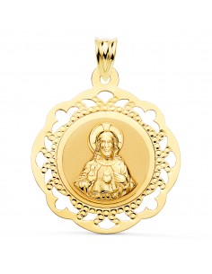 18K ESCAPULARIO ORO AMARILLO VIRGEN DEL CARMEN Y CORAZON DE JESUS CALADO BRILLO 31 X 27 MM