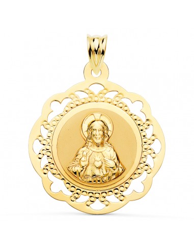 18K ESCAPULARIO ORO AMARILLO VIRGEN DEL CARMEN Y CORAZON DE JESUS CALADO BRILLO 31 X 27 MM