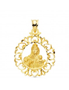 18K MEDALLA ORO AMARILLO VIRGEN DEL CARMEN CERCO ORLA CON CORAZONES 30X25 MM