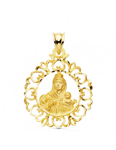 18K MEDALLA ORO AMARILLO VIRGEN DEL CARMEN CERCO ORLA CON CORAZONES 30X25 MM