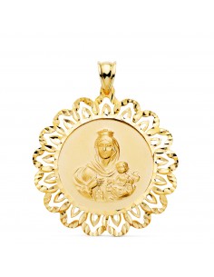 18K MEDALLA ORO AMARILLO VIRGEN DEL CARMEN CERCO TALLADO 34X34 MM