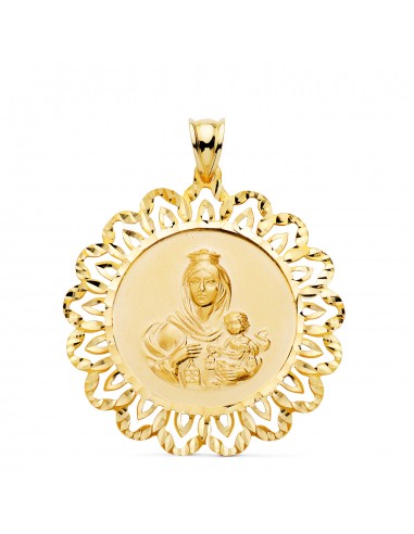 18K MEDALLA ORO AMARILLO VIRGEN DEL CARMEN CERCO TALLADO 34X34 MM