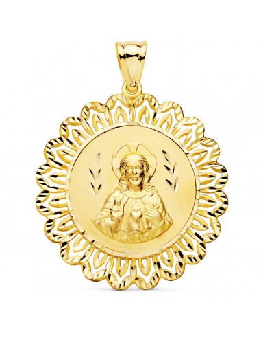 18K MEDALLA CORAZON DE JESUS CERCO FILIGRANA TALLADO ORO AMARILLO  37X37 MM