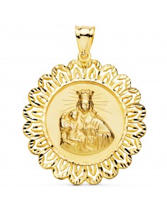 18K MEDALLA ORO AMARILLO VIRGEN DEL CARMEN CERCO FILIGRANA TALLADO 37X37 MM