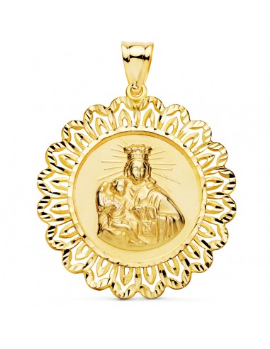 18K MEDALLA ORO AMARILLO VIRGEN DEL CARMEN CERCO FILIGRANA TALLADO 37X37 MM