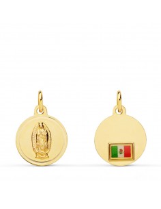 18K MEDALLA ORO AMARILLO VIRGEN DE GUADALUPE CON BANDERA EN BISEL 14 MM