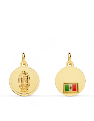 18K MEDALLA ORO AMARILLO VIRGEN DE GUADALUPE CON BANDERA EN BISEL 14 MM
