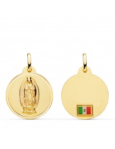 18K MEDALLA ORO AMARILLO VIRGEN DE GUADALUPE CON BANDERA EN BISEL 20 MM