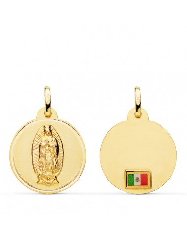 18K MEDALLA ORO AMARILLO VIRGEN DE GUADALUPE CON BANDERA EN BISEL 20 MM