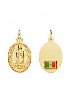 18K MEDALLA ORO AMARILLO VIRGEN GUADALUPE OVAL CON BANDERA 18X14 MM