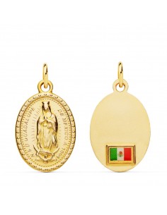18K MEDALLA ORO AMARILLO VIRGEN GUADALUPE OVAL CON BANDERA 20X15 MM