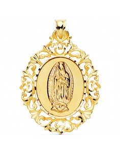 18K MEDALLA ORO AMARILLO VIRGEN GUADALUPE ORLA DE FILIGRANA 51X40 MM