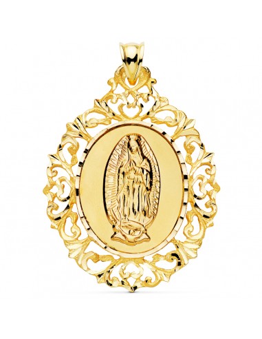 18K MEDALLA ORO AMARILLO VIRGEN GUADALUPE ORLA DE FILIGRANA 51X40 MM