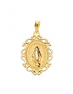 18K MEDALLA ORO AMARILLO VIRGEN MILAGROSA CERCO FILIGRANA EN BRILLO FRANCES 23 X 16 MM