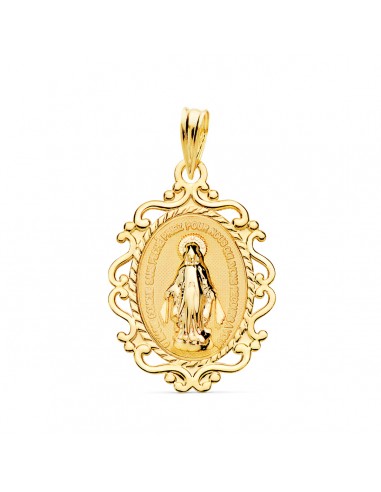 18K MEDALLA ORO AMARILLO VIRGEN MILAGROSA CERCO FILIGRANA EN BRILLO FRANCES 23 X 16 MM