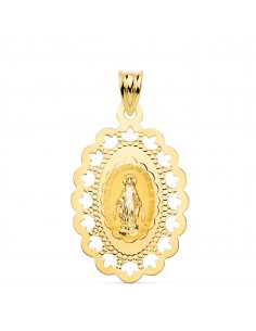 18K MEDALLA ORO AMARILLO VIRGEN MILAGROSA CERCO CALADO 34 X 22 MM
