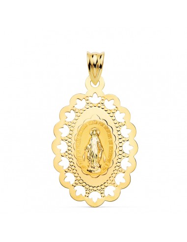 18K MEDALLA ORO AMARILLO VIRGEN MILAGROSA CERCO CALADO 34 X 22 MM