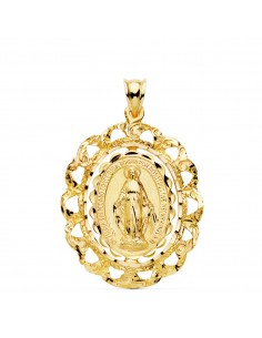 18K MEDALLA ORO AMARILLO VIRGEN MILAGROSA CERCO FILIGRANA TALLADO 30X25 MM