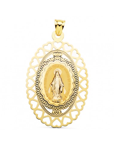 18K MEDALLA ORO AMARILLO VIRGEN MILAGROSA OVAL CERCO CORAZONES. 50 X 35 MM