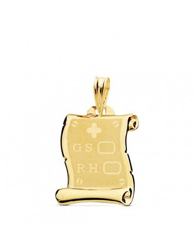 18K PLACA CHAPA COLGANTE PERGAMINO ORO AMARILLO BRILLO GRUPO SANGUINEO   RH MATE 18X14 MM