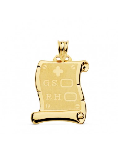 18K PLACA CHAPA COLGANTE PERGAMINO ORO AMARILLO BRILLO RH GRUPO SANGUINEO MATE 22X19 MM