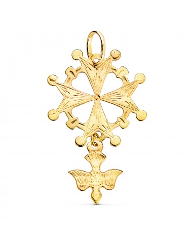 18K CRUZ DE HUGUENOTTE ORO AMARILLO CON PALOMA. 40 X 25 MM