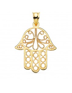 18K COLGANTE AMULETO ORO AMARILLO MANO FATIMA CALADA. MEDIDA: 32 X 29 MM