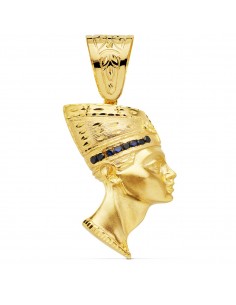 18K COLGANTE EGIPCIO ESFINGE NEFERTITI GIGANTE CON CIRCONITA AZULES ORO AMARILLO. 50 X 35 MM