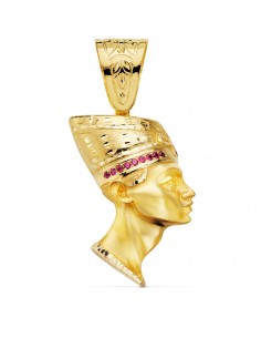 18K COLGANTE EGIPCIO ESFINGE NEFERTITI GIGANTE CON CIRCONITA ROJAS ORO AMARILLO. 50 X 35 MM