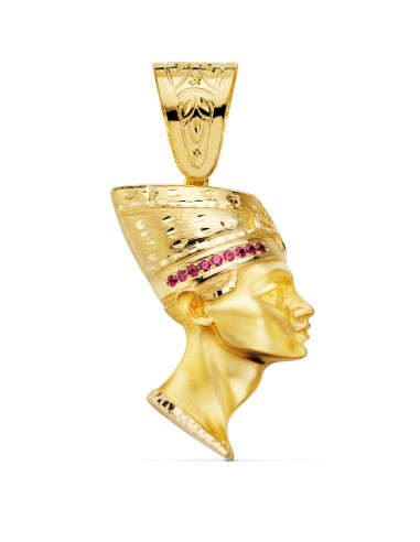 18K COLGANTE EGIPCIO ESFINGE NEFERTITI GIGANTE CON CIRCONITA ROJAS ORO AMARILLO. 50 X 35 MM