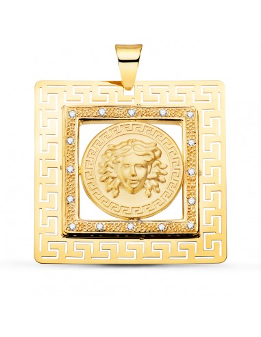 18K COLGANTE ORO AMARILLO CUADRADO MEDUSA Y GRECAS CON CIRCONITA 37X37 MM