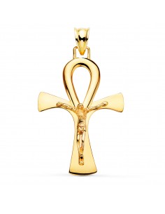 18K CRUZ DE LA VIDA EGIPCIA ORO AMARILLO CON CRISTO EN BRILLO 36 X 23 MM