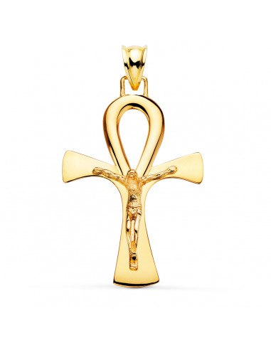 18K CRUZ DE LA VIDA EGIPCIA ORO AMARILLO CON CRISTO EN BRILLO 36 X 23 MM