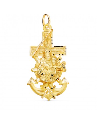 18K CRUZ MARINERA ORO AMARILLO VIRGEN DEL CARMEN TALLADA 47X25 MM