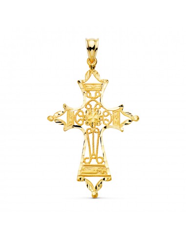 18K CRUZ ORO AMARILLO FILIGRANA BORDES TALLADOS. 46X30 MM