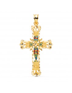 18K CRUZ ORO AMARILLO VIDRIERA CATEDRAL BORDES TALLADOS. 44X28 MM