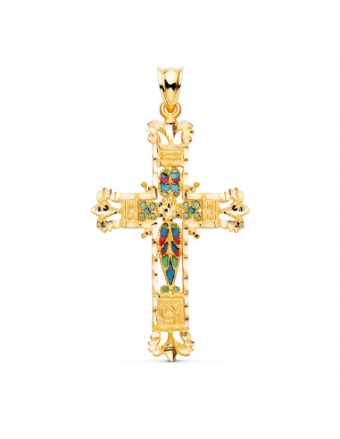 18K CRUZ ORO AMARILLO VIDRIERA CATEDRAL BORDES TALLADOS. 44X28 MM