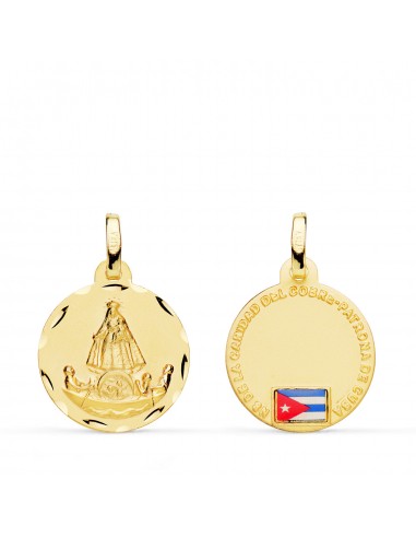 18K MEDALLA ORO AMARILLO VIRGEN CARIDAD DEL COBRE BALSA CON BANDERA 16 MM