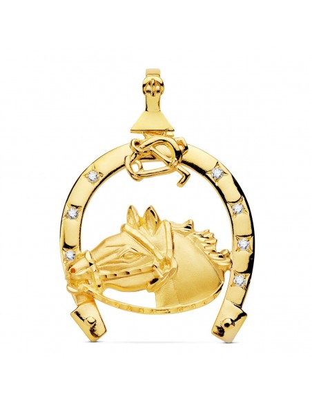 18K COLGANTE HERRADURA CIRCONITAS CON CABALLO 42 X 39 MM